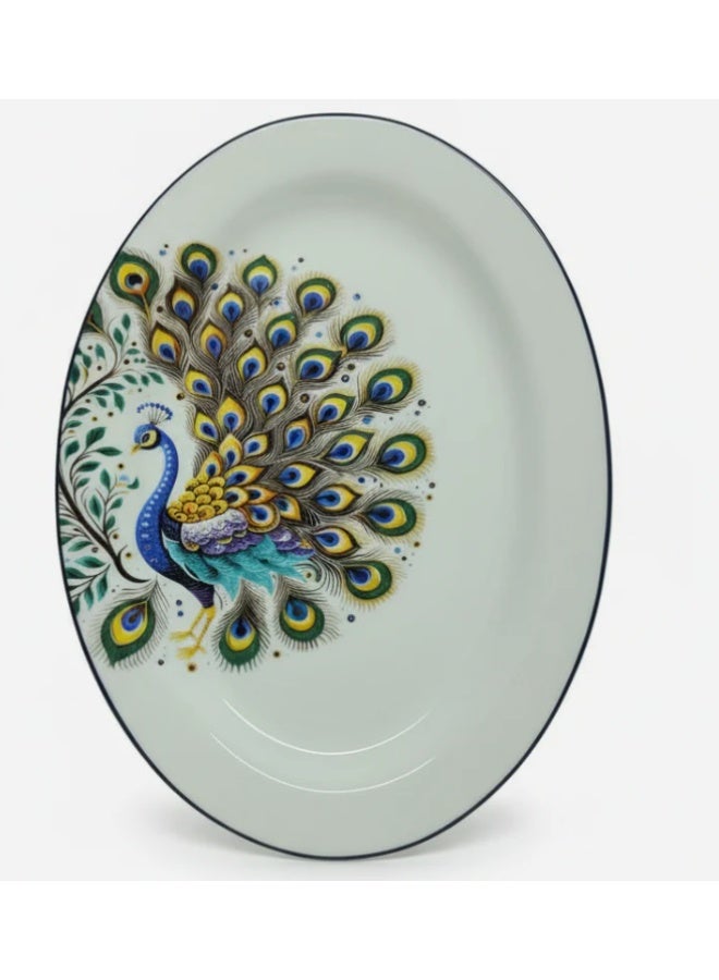 AKDC Luhpar White Ceramic Oval Plate 14 Inch with Peacock Design